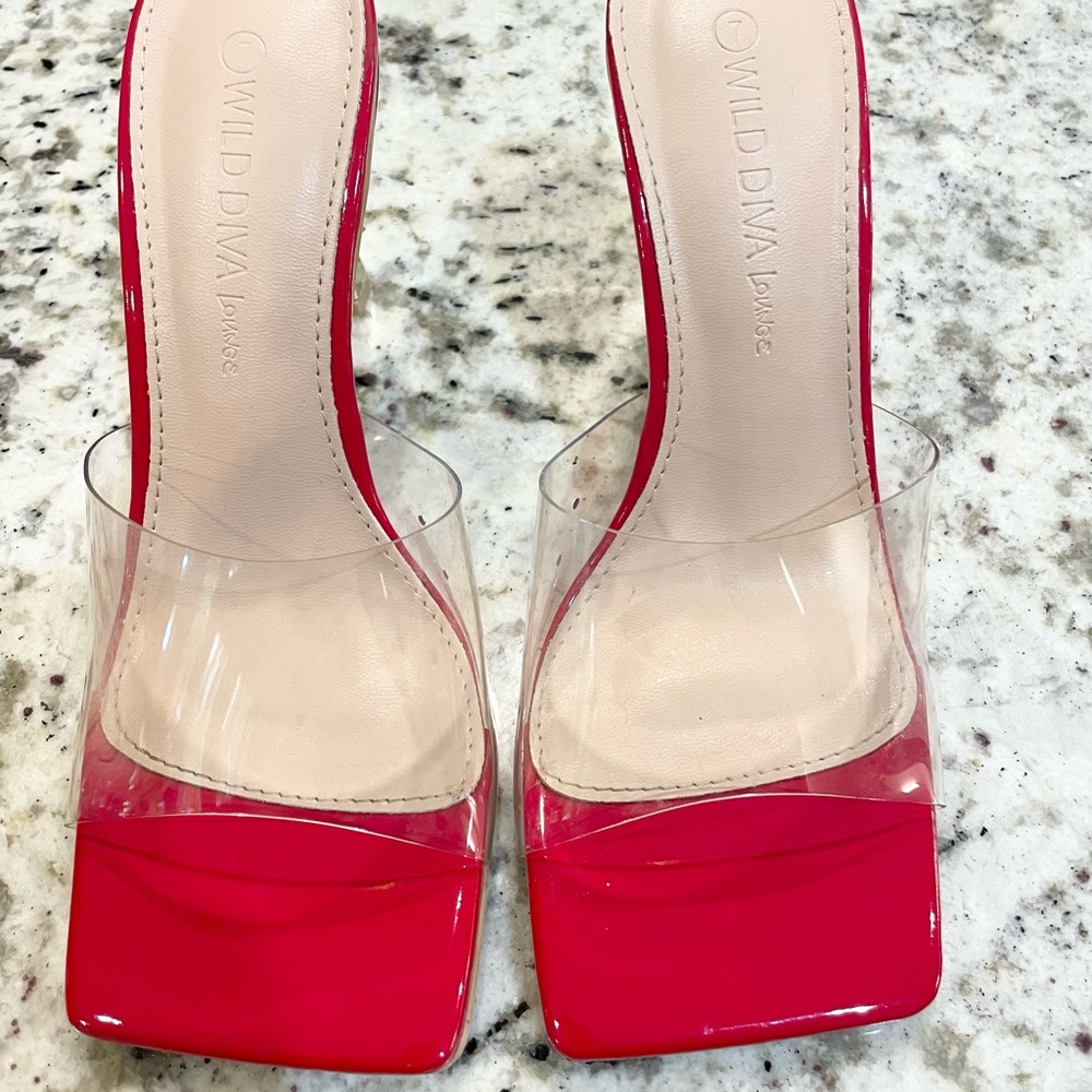 WILD DIVA Lounge Red Heels with Clear Strap